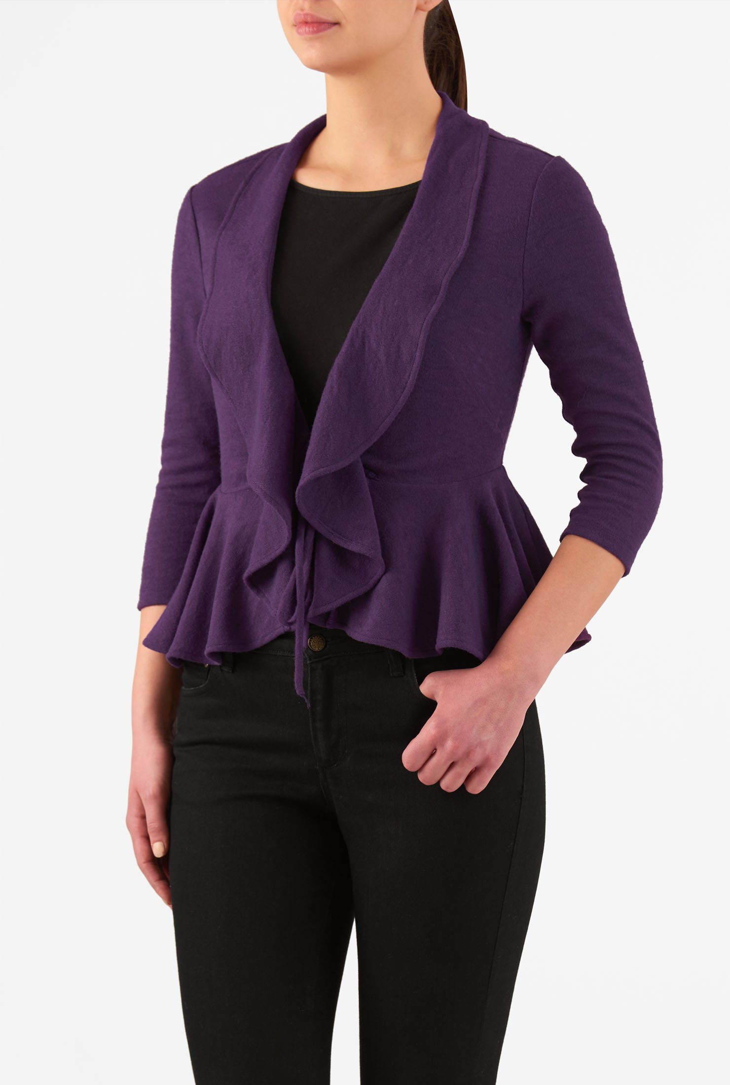 Shop Ruffle peplum sweater knit cardigan | eShakti