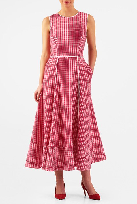 Shop Trapunto hem cotton seersucker check midi dress | eShakti