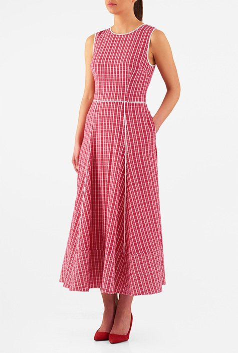 Shop Trapunto hem cotton seersucker check midi dress | eShakti