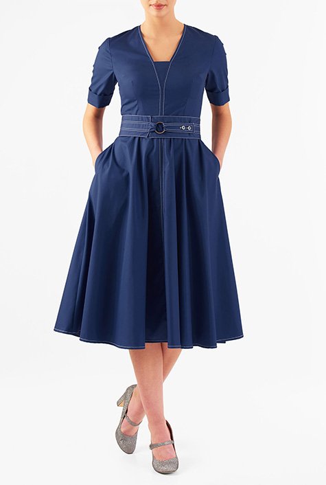 Shop Cotton poplin belted midi dress | eShakti