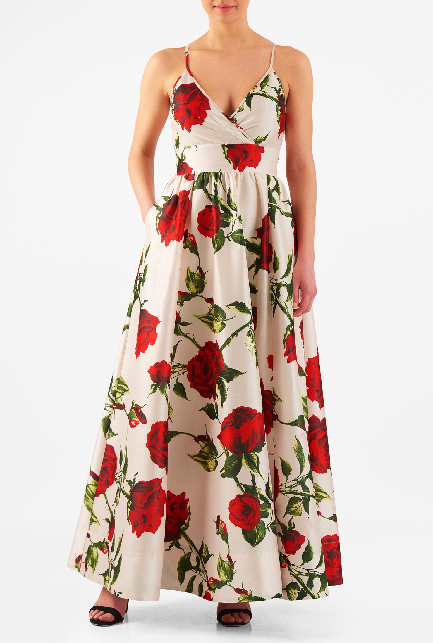 Shop Rose print dupioni surplice maxi dress | eShakti
