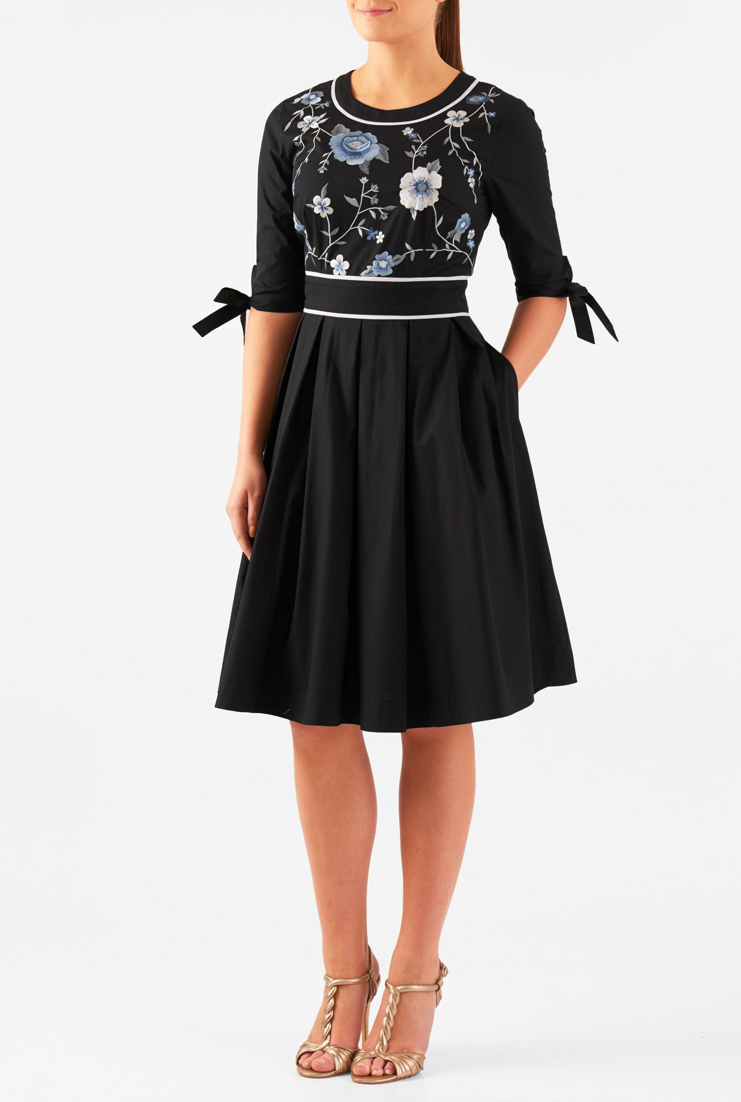 Shop Floral embellished tie cuff cotton poplin dress | eShakti