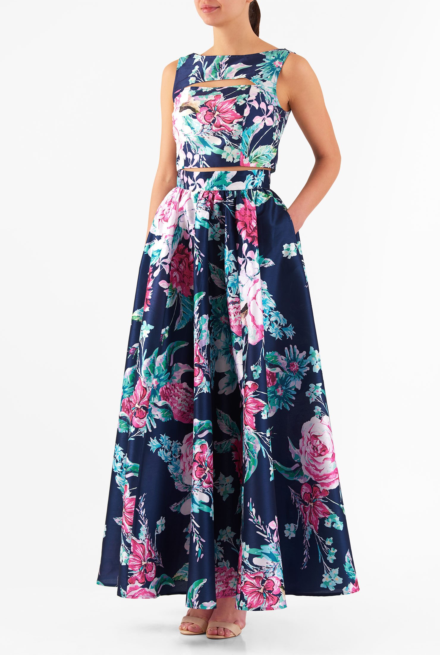 Shop Cutout floral dupioni two-piece maxi dress | eShakti