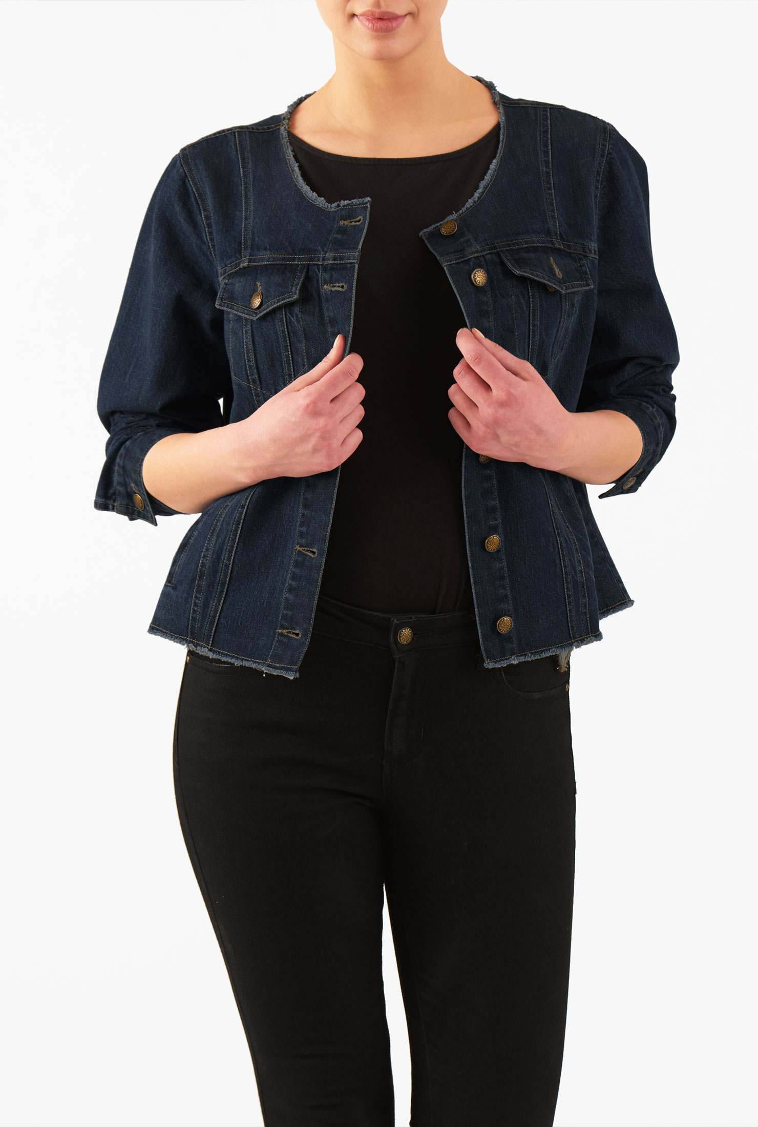 Shop Frayededge deep indigo cotton denim jacket eShakti
