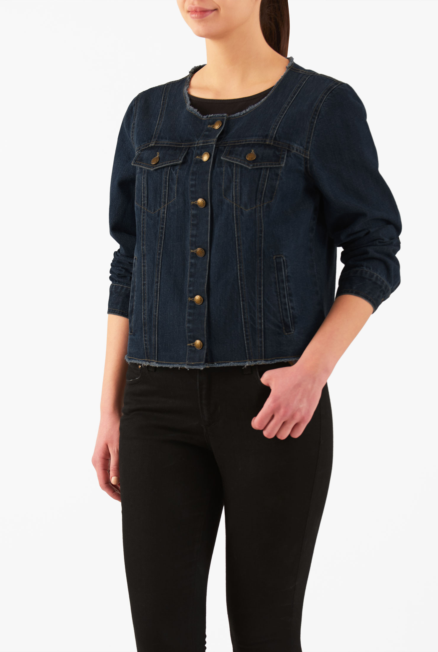 Shop Frayededge deep indigo cotton denim jacket eShakti