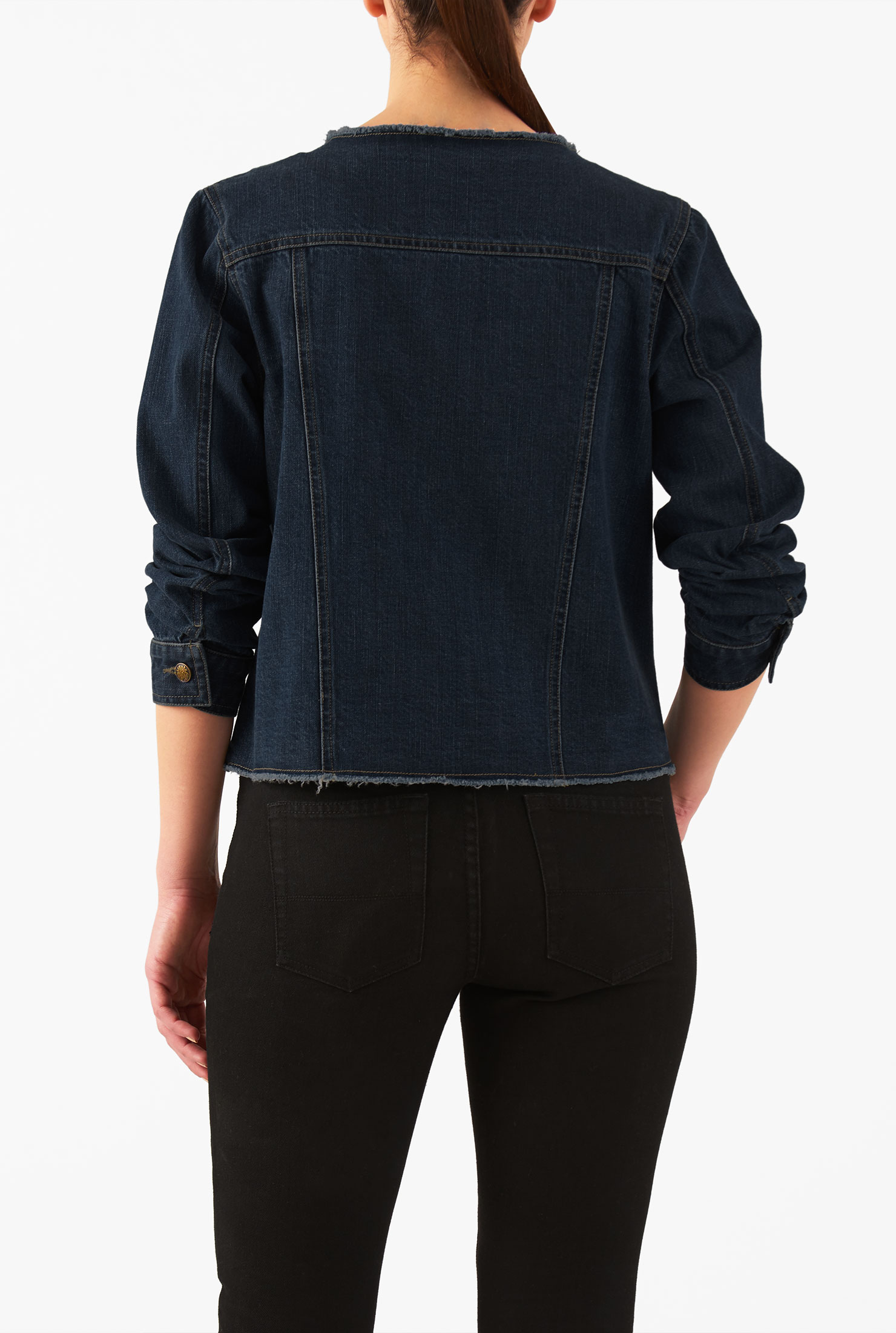 Shop Frayededge deep indigo cotton denim jacket eShakti