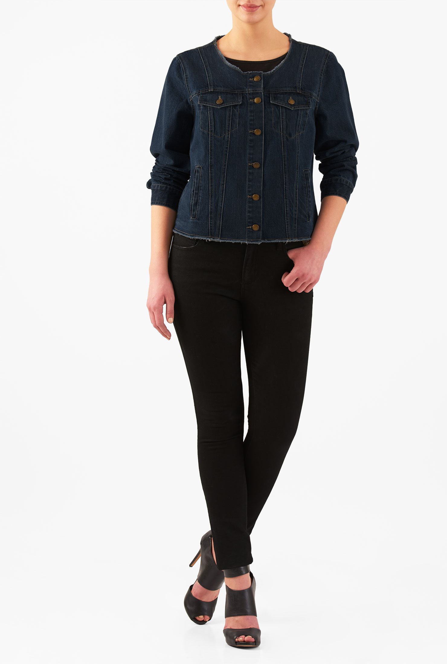 Shop Frayededge deep indigo cotton denim jacket eShakti