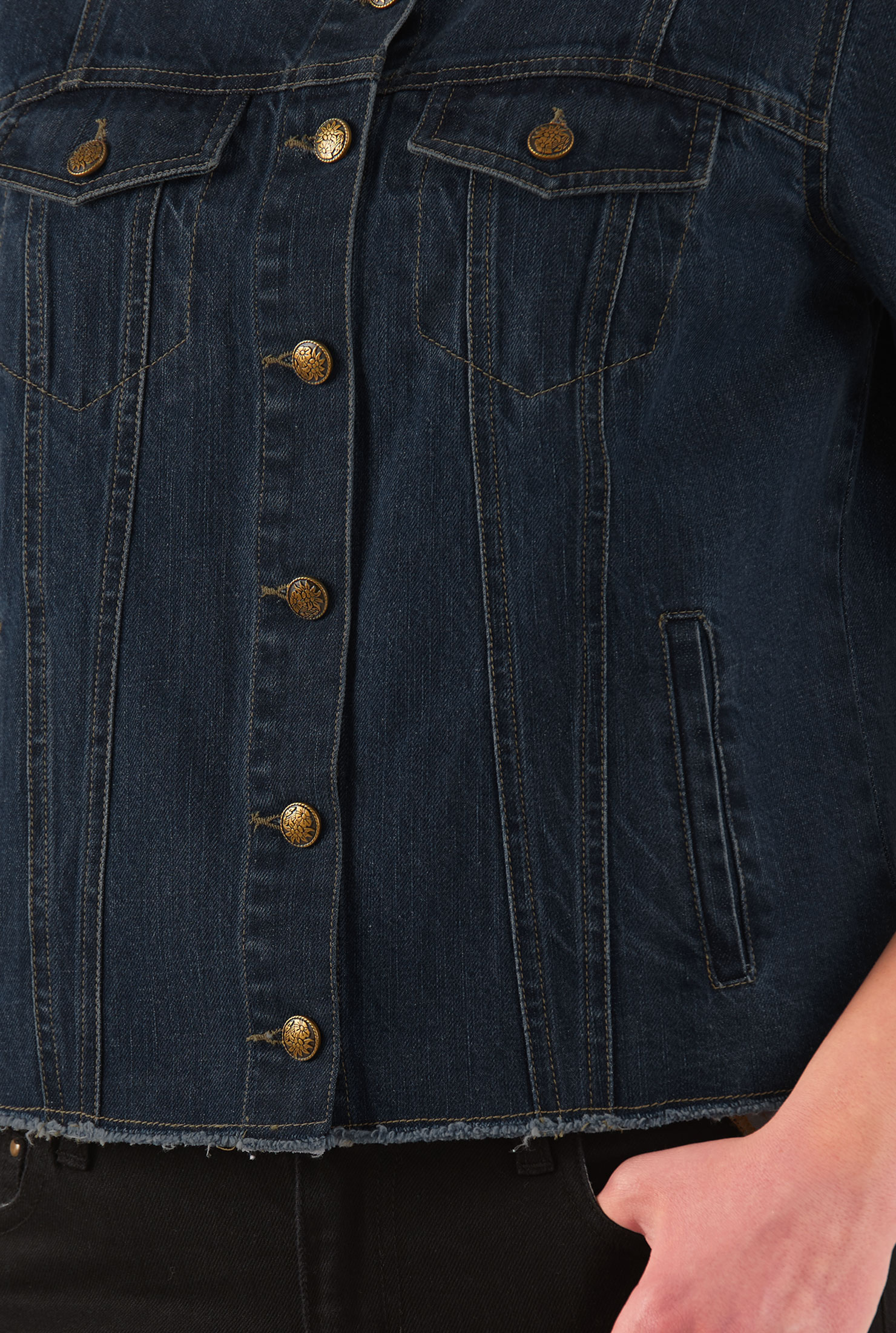 Shop Frayededge deep indigo cotton denim jacket eShakti