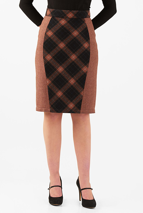 Shop Plaid wool blend pencil skirt eShakti
