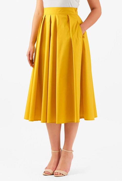 Shop Pleated stretch cotton poplin midi skirt | eShakti