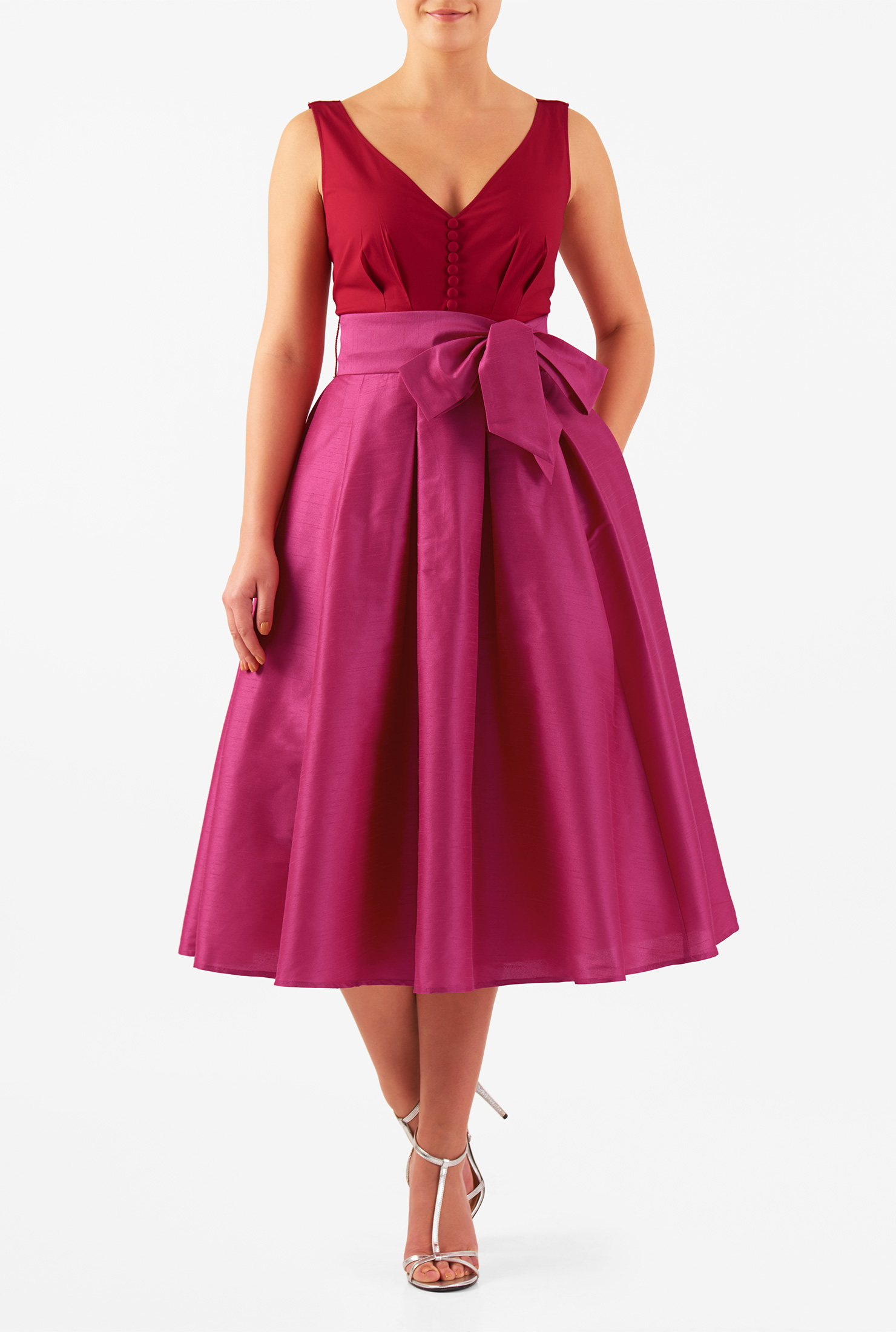 Shop Two tone mixed media banded empire dress eShakti