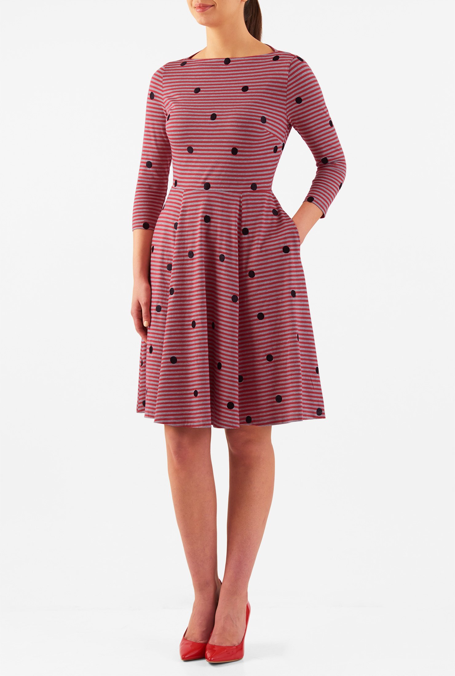 Shop Embellished Polka Dot Stripe Cotton Knit Dress Eshakti