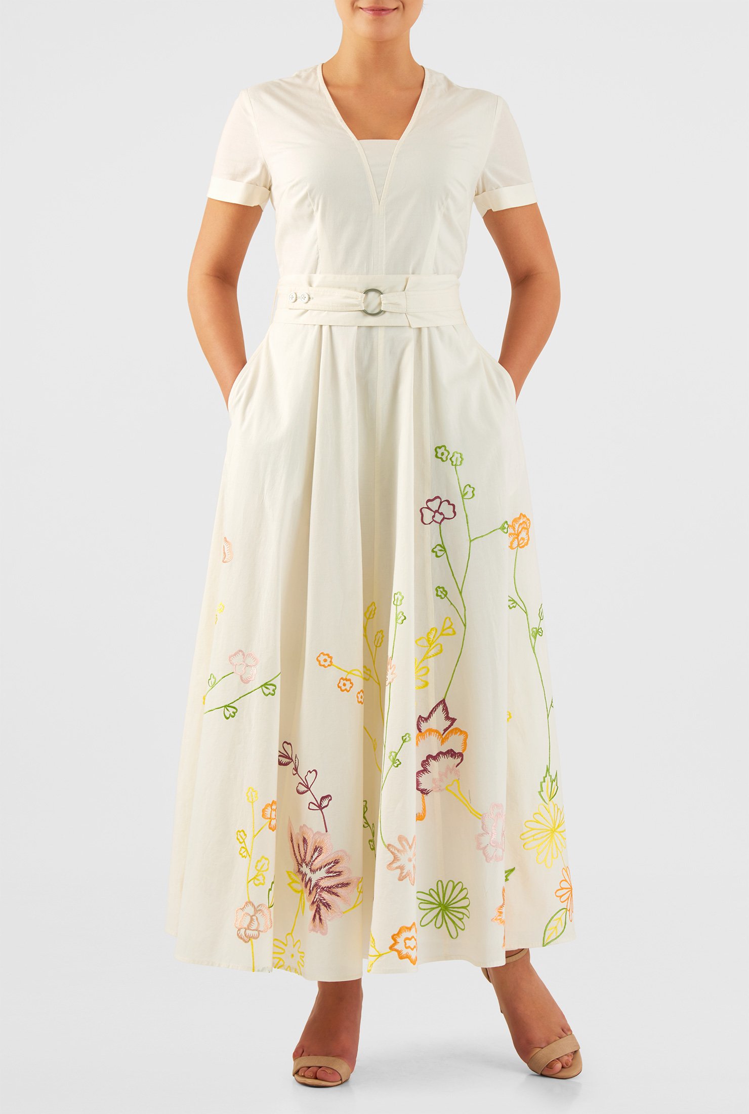 Shop Embellished cotton cambric belted midi dress | eShakti