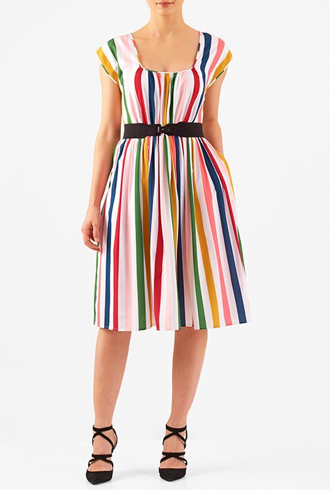 Shop Bold stripe print elastic belt crepe dress | eShakti