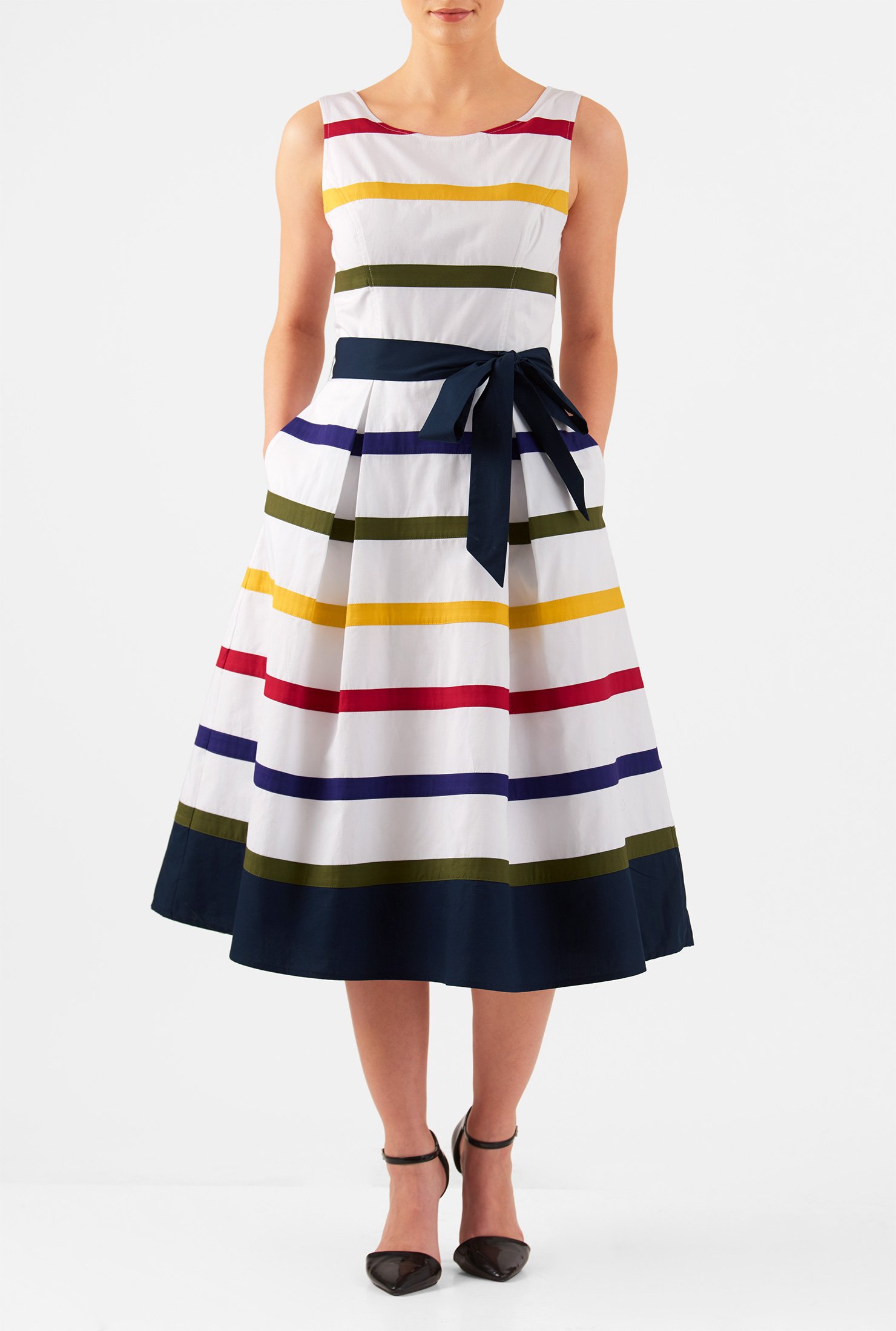 Shop Banded stripe sash tie cotton poplin dress | eShakti