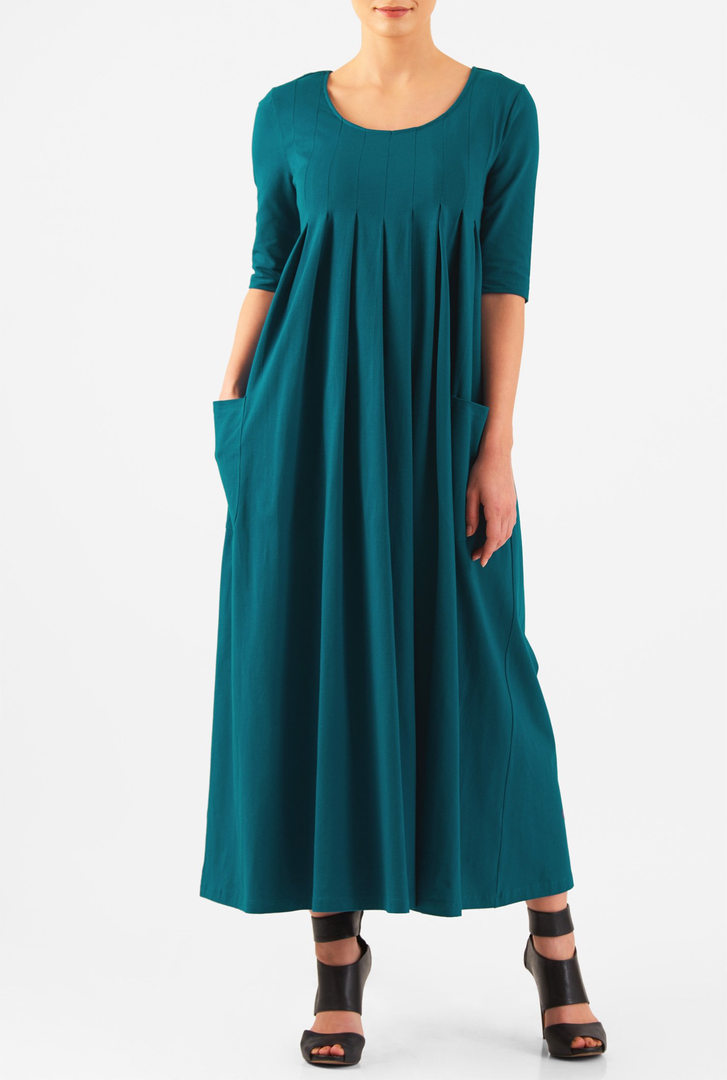 Shop Scoop neck pleated cotton knit maxi dress | eShakti