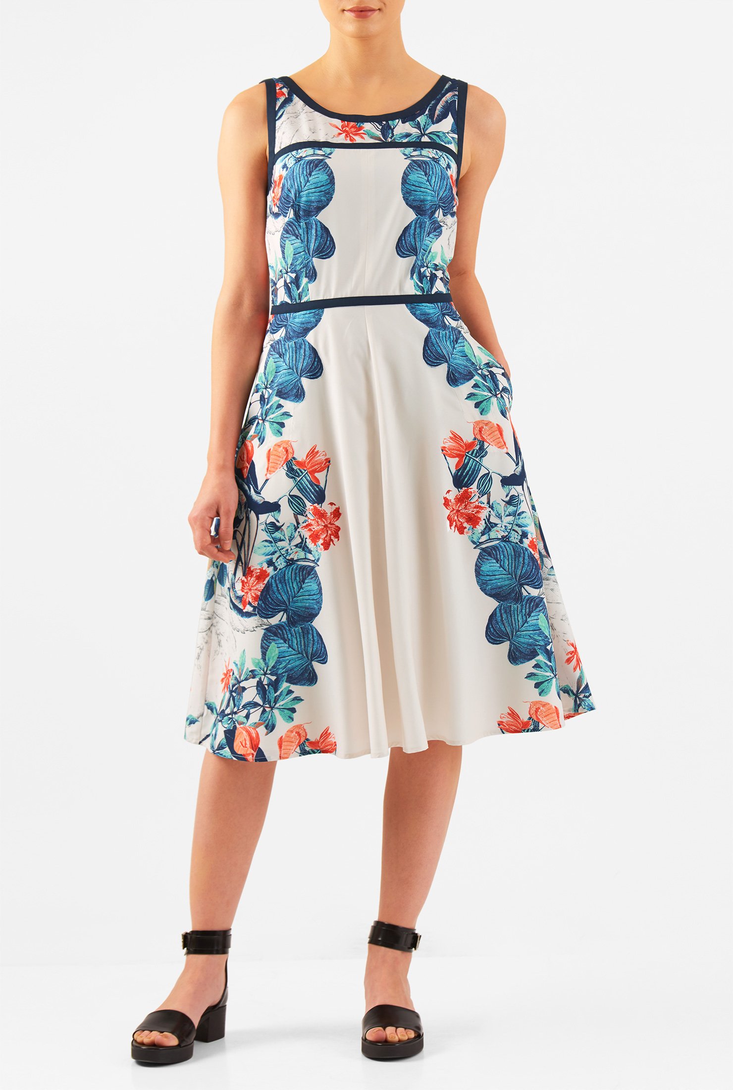 Shop Floral frame print contrast trim crepe dress | eShakti