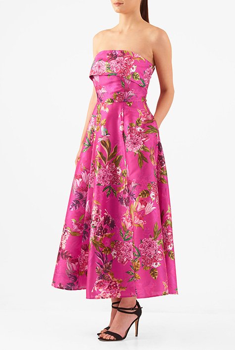 Shop Floral Print Dupioni Strapless Dress Eshakti 5703