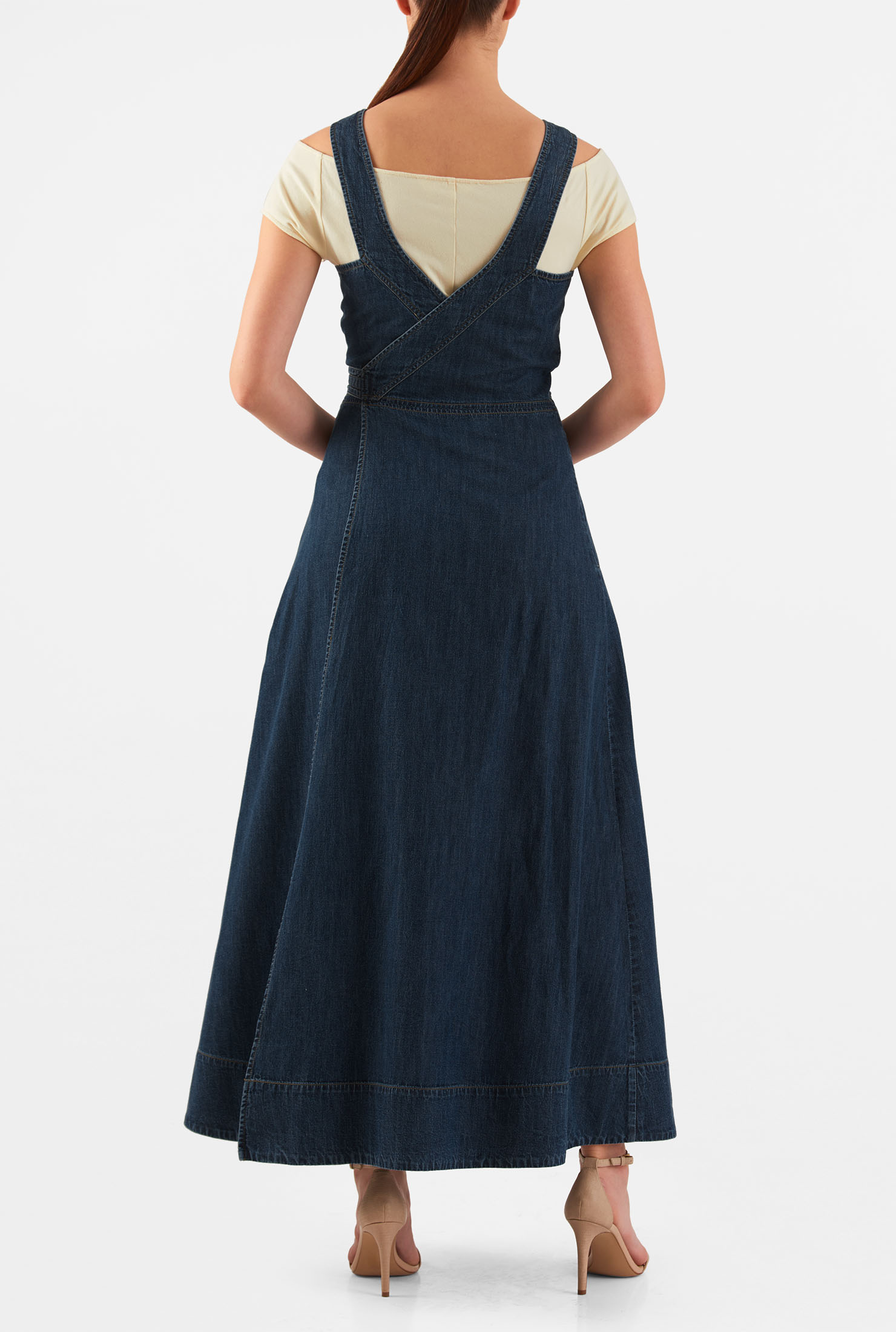 Shop Vintage wash cotton denim belted wrap back dress eShakti