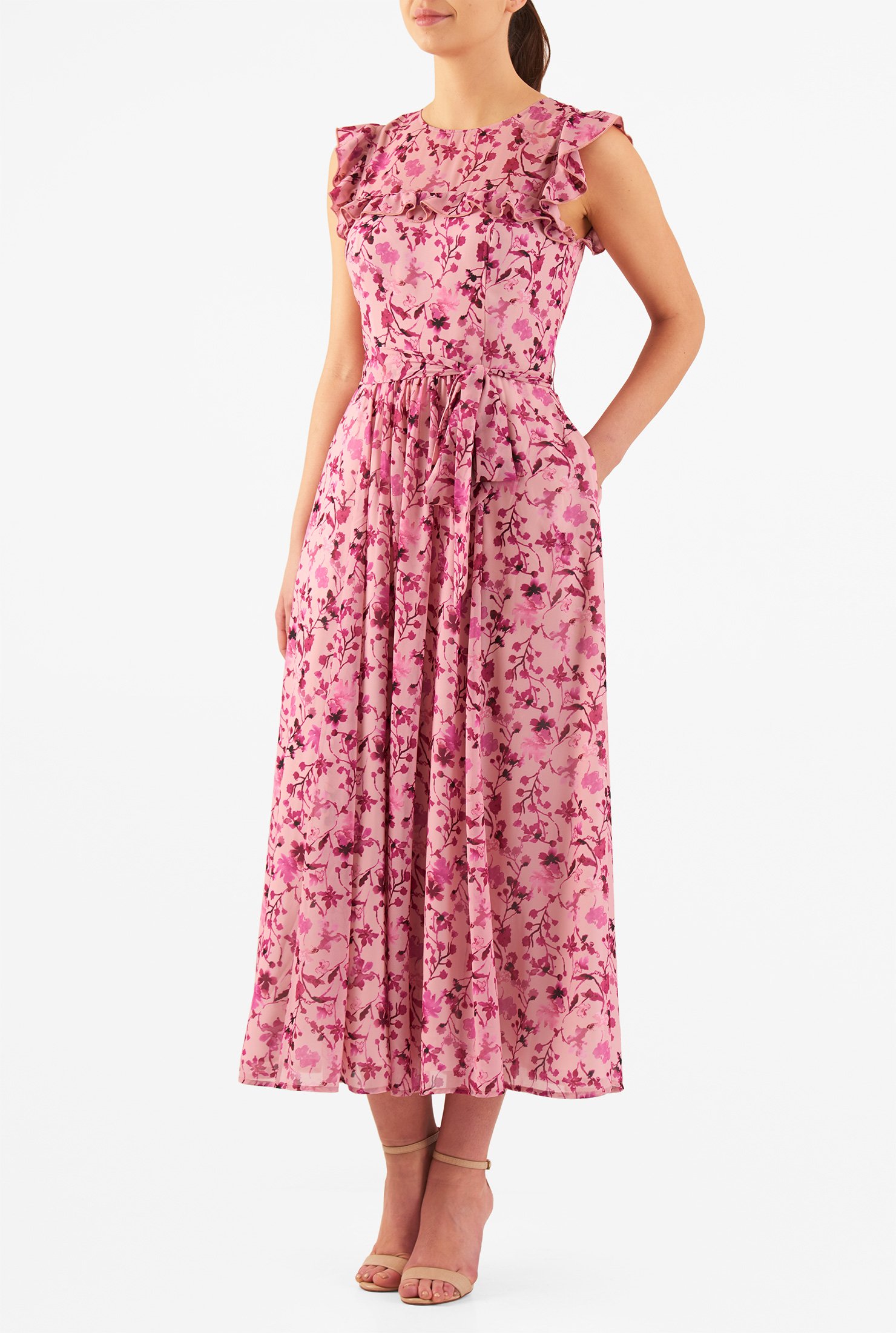 Shop Ruffle floral print georgette midi dress | eShakti