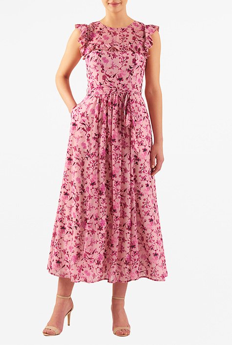 Shop Ruffle floral print georgette midi dress | eShakti