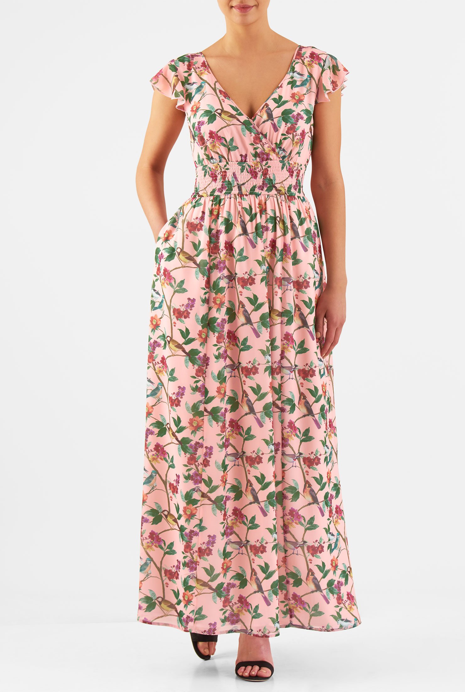 Shop Elastic waist floral bird print georgette maxi dress | eShakti