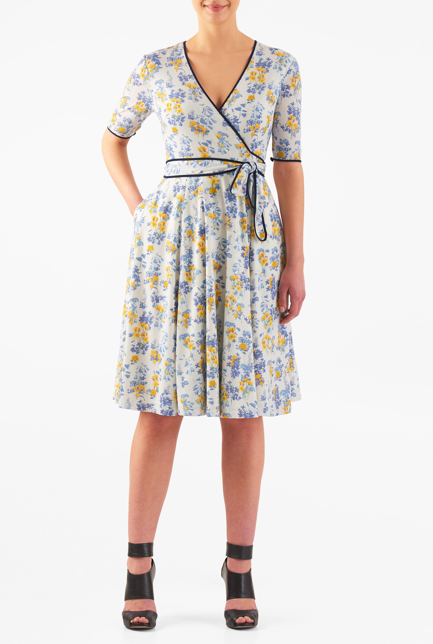 Shop Floral print jersey knit wrap dress | eShakti