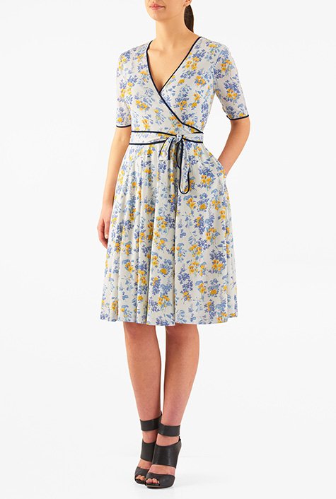 Shop Floral print jersey knit wrap dress | eShakti