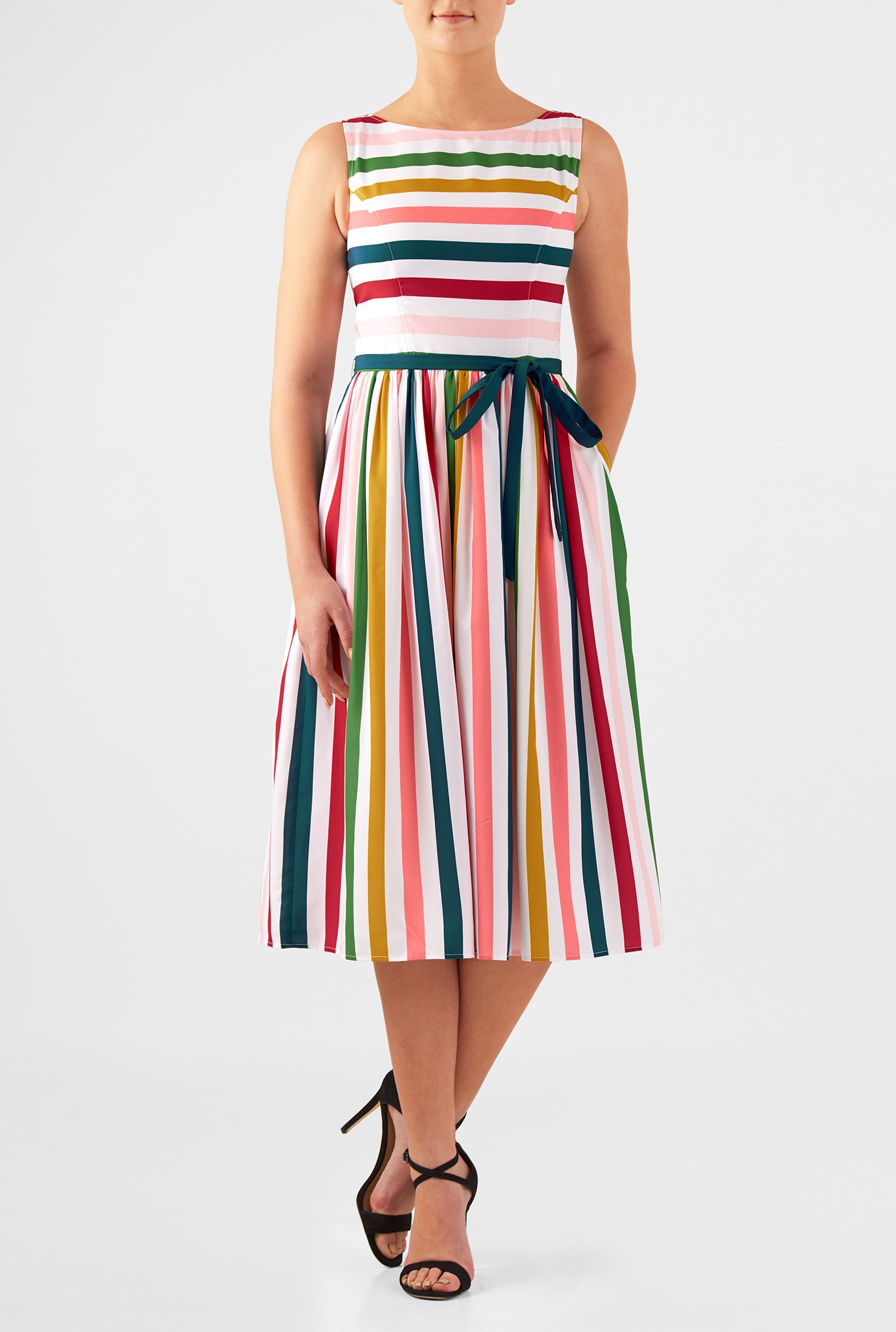 Shop Stripe print crepe sash tie dress | eShakti