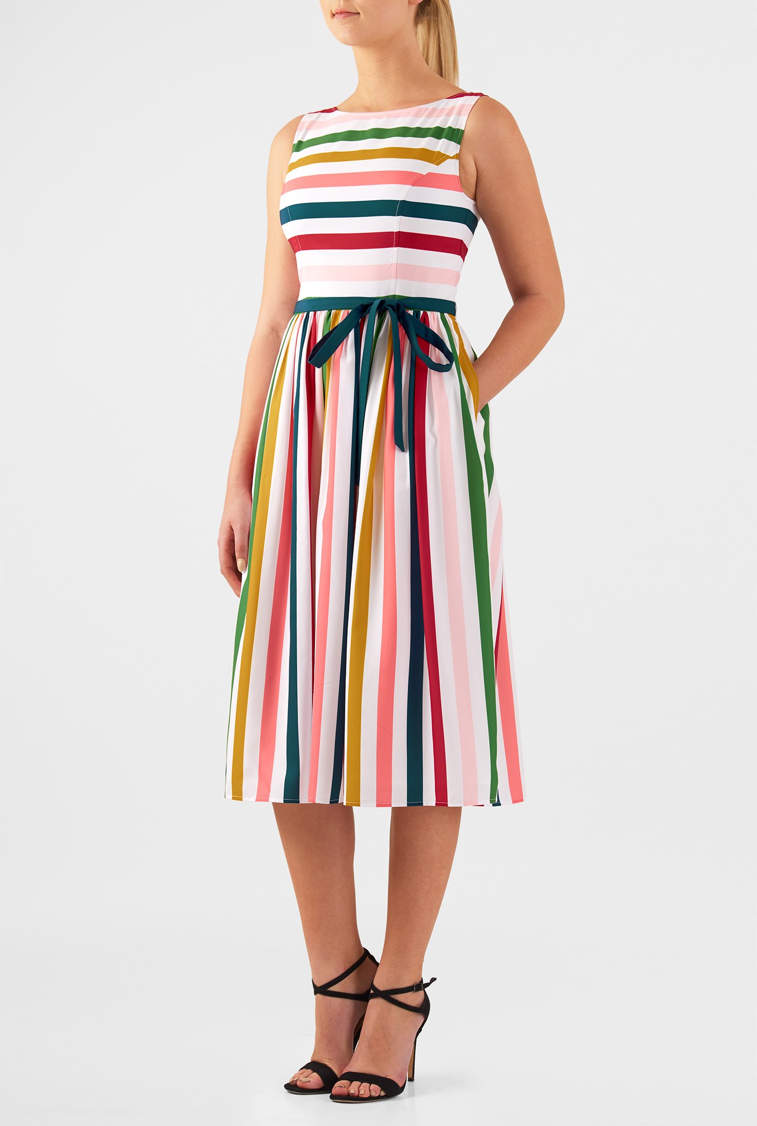 Shop Stripe Print Crepe Sash Tie Dress Eshakti