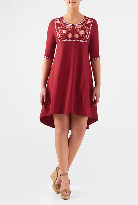 Elliptical hem cotton knit shift dress