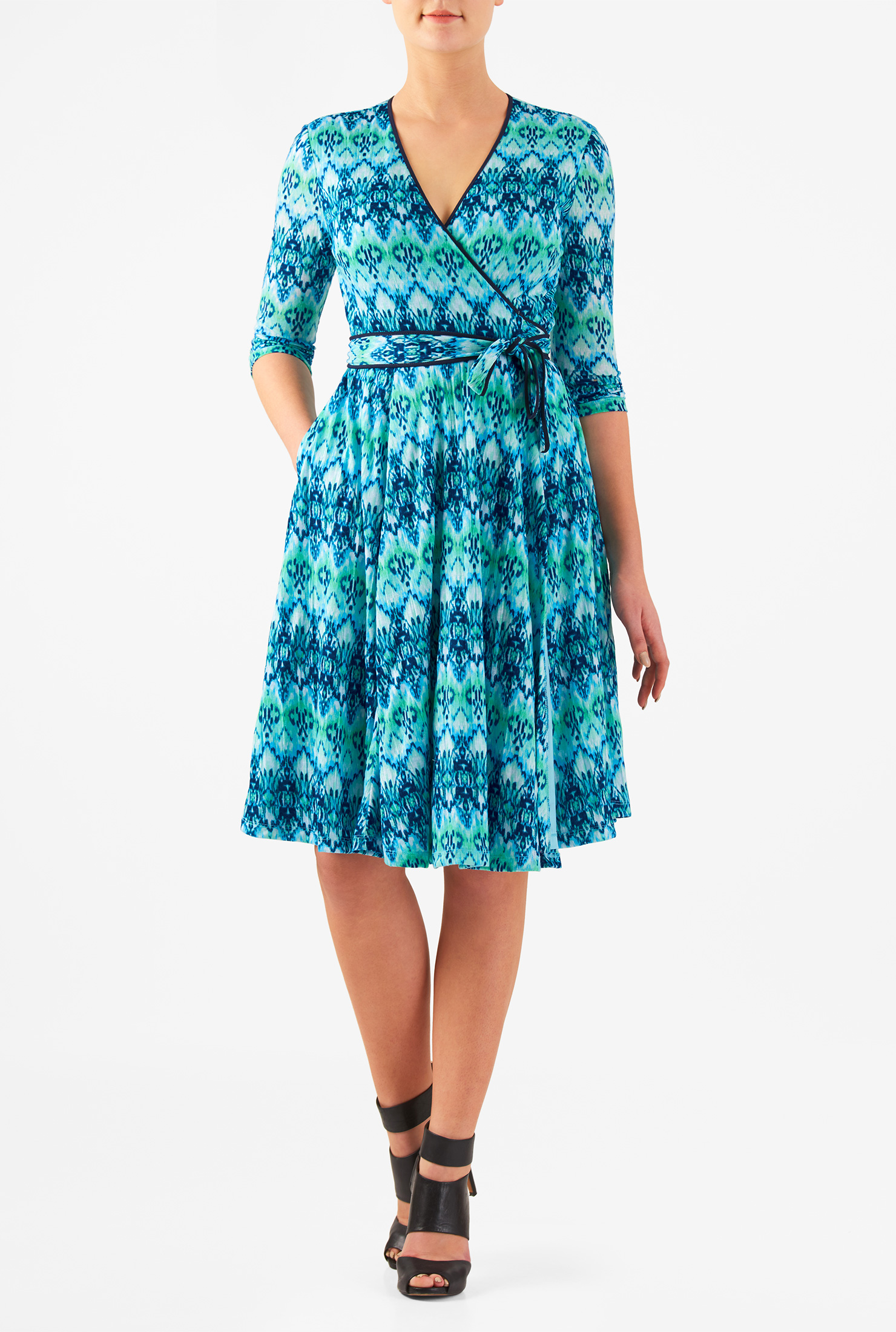 Shop Ikat print cotton knit wrap dress eShakti