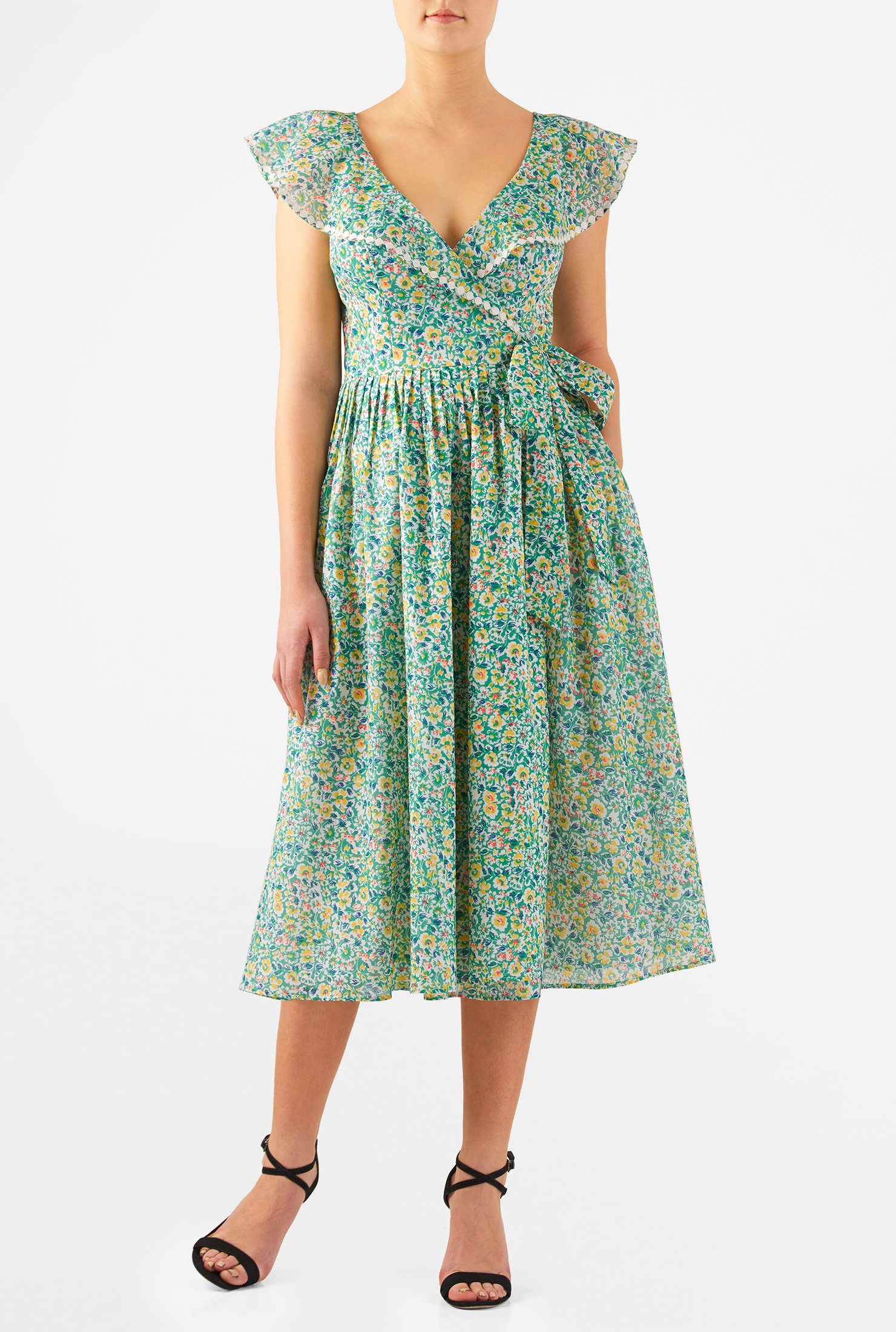 Shop Floral print ruffle collar cambric wrap dress | eShakti