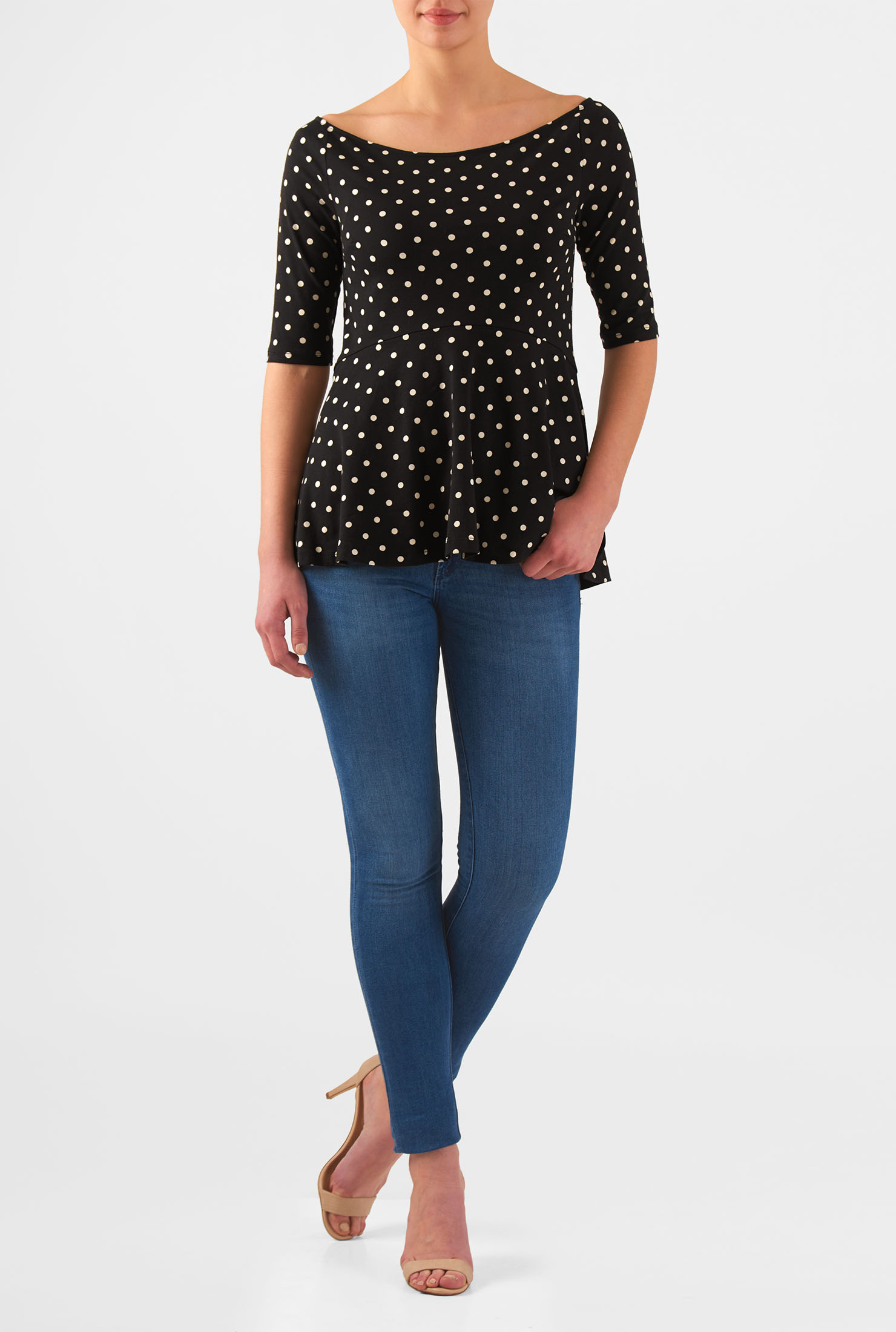 Shop Polka dot cotton knit peplum top eShakti