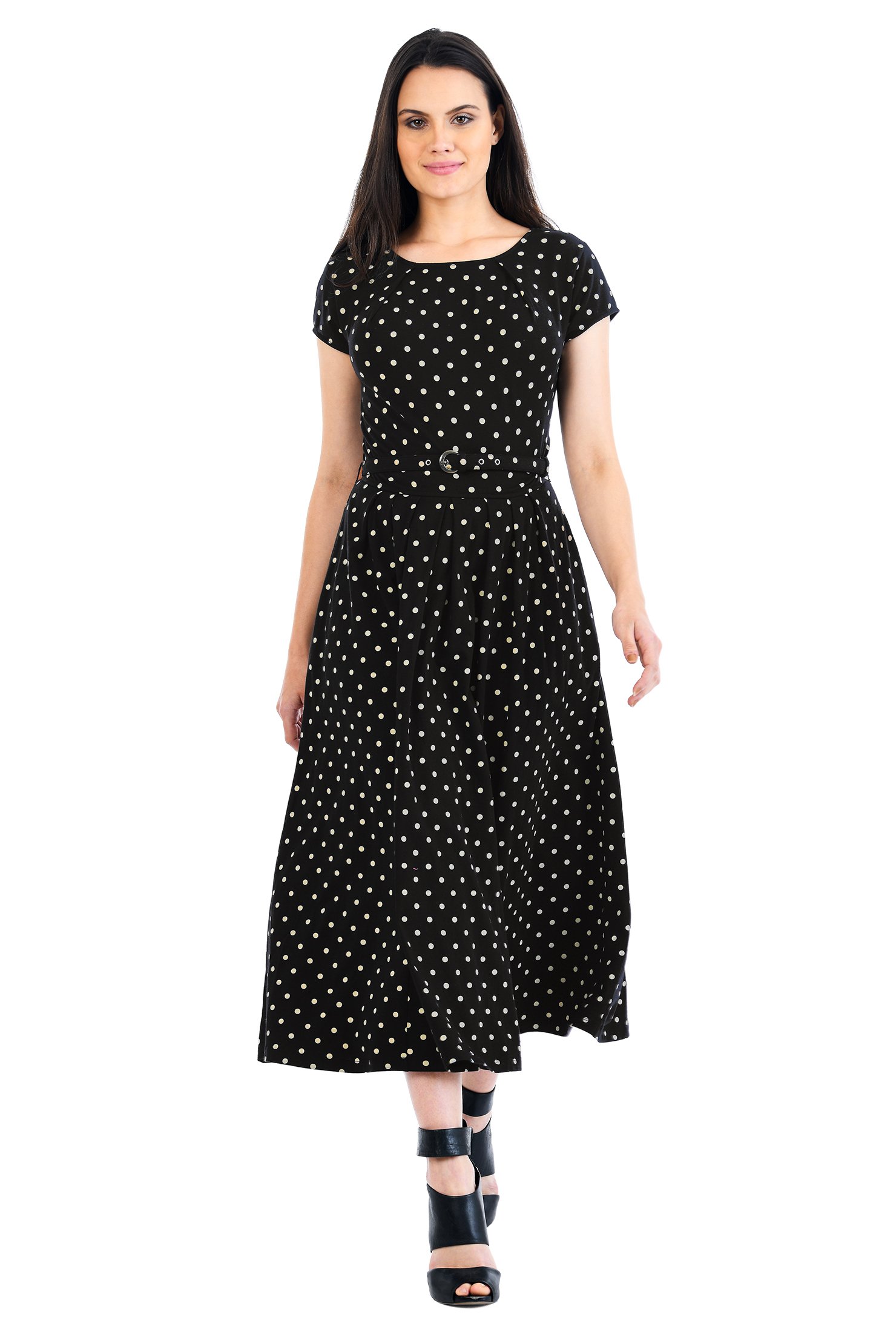 Shop Pleat neck belted polka dot cotton knit dress | eShakti