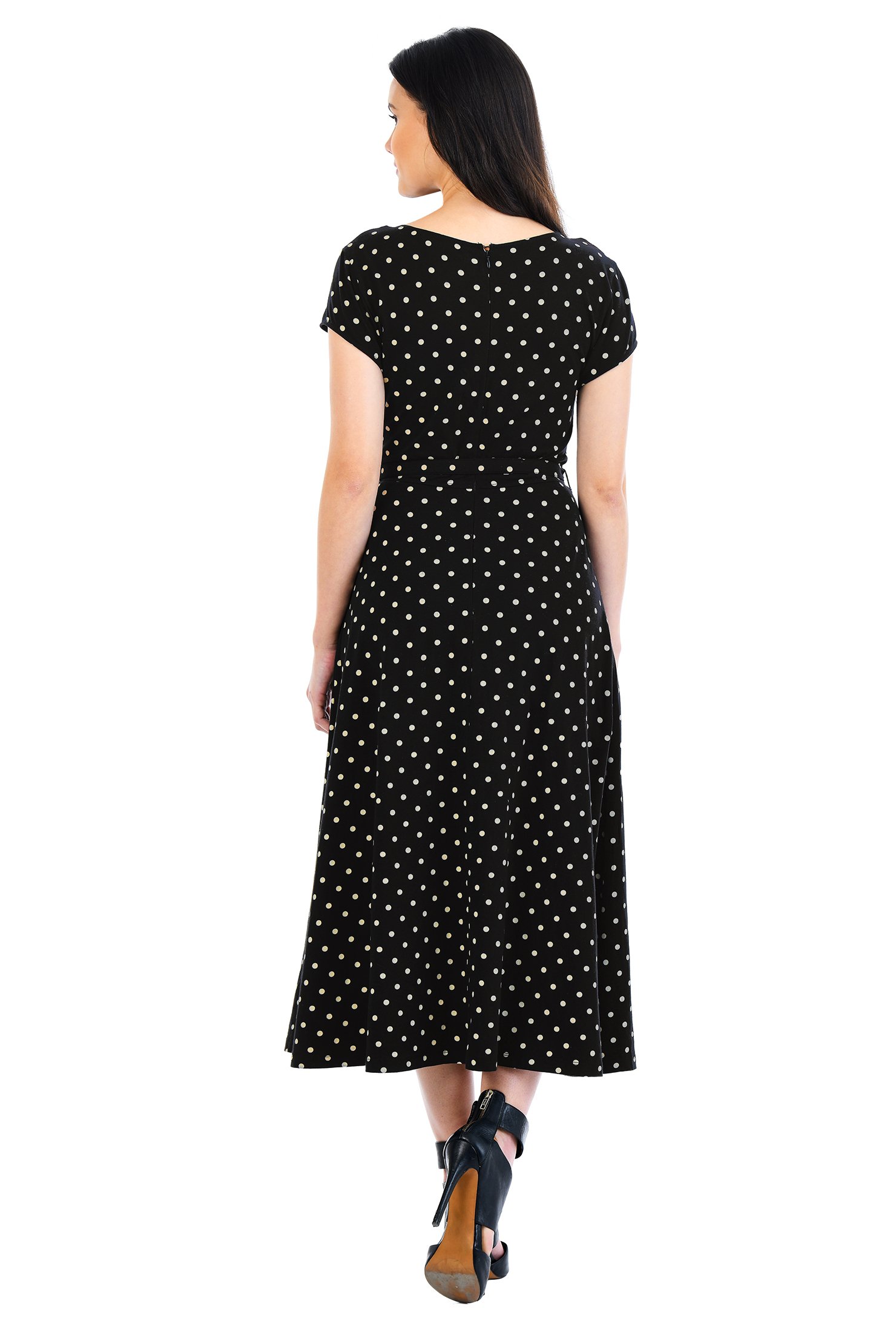 Shop Pleat neck belted polka dot cotton knit dress | eShakti
