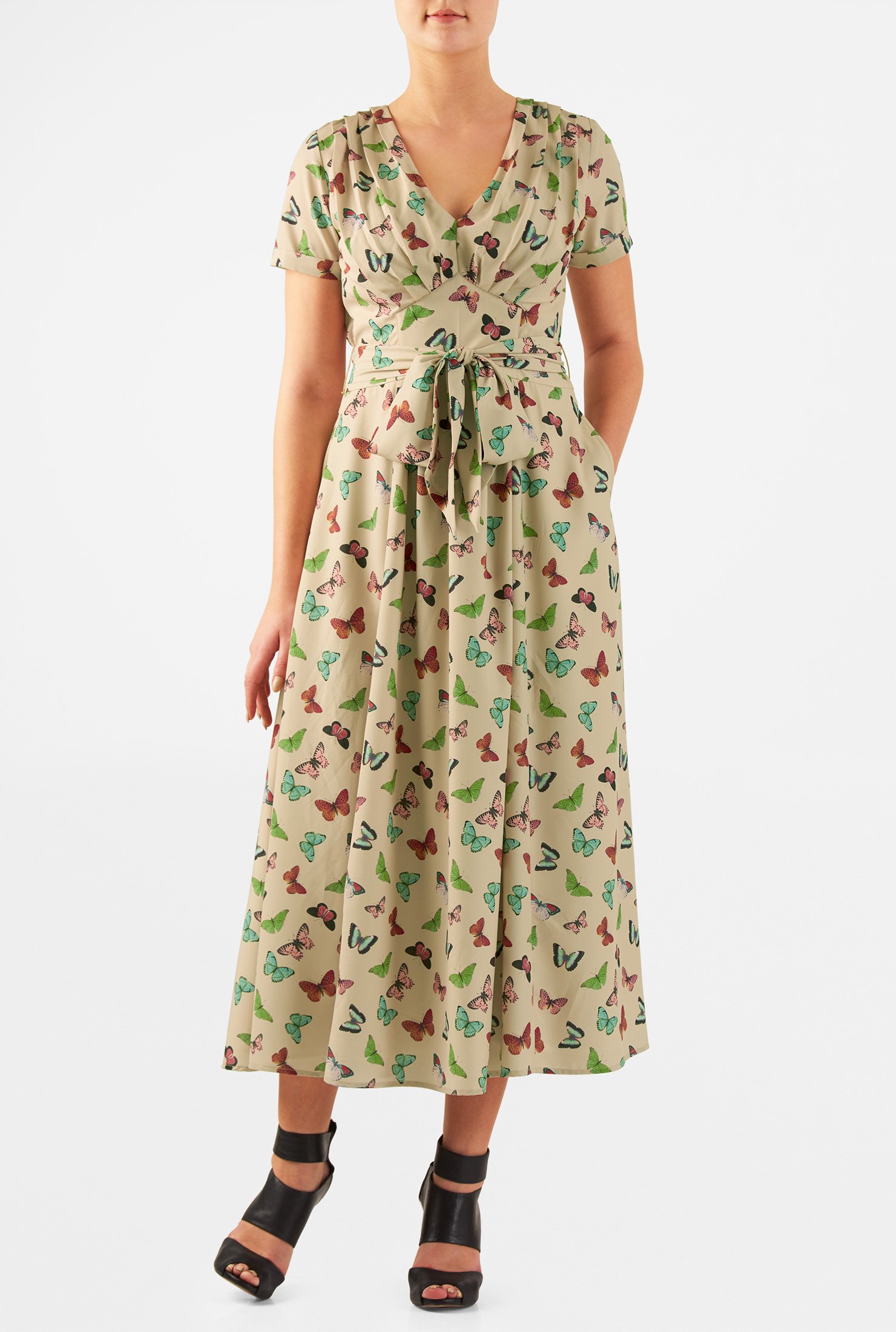 Shop Pleated butterfly print crepe midi dress | eShakti