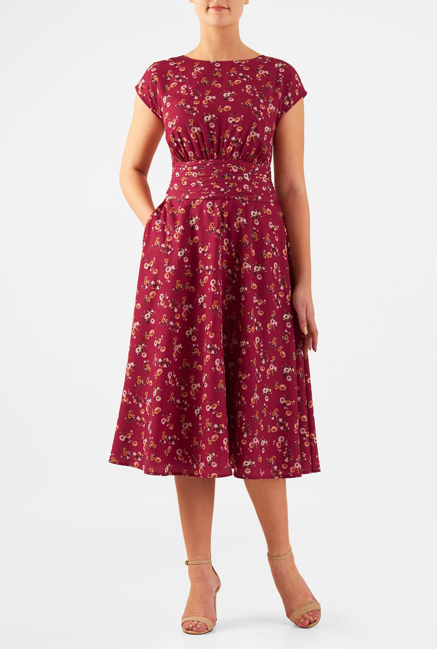 Shop Floral print ruched pleat waist crepe dress | eShakti