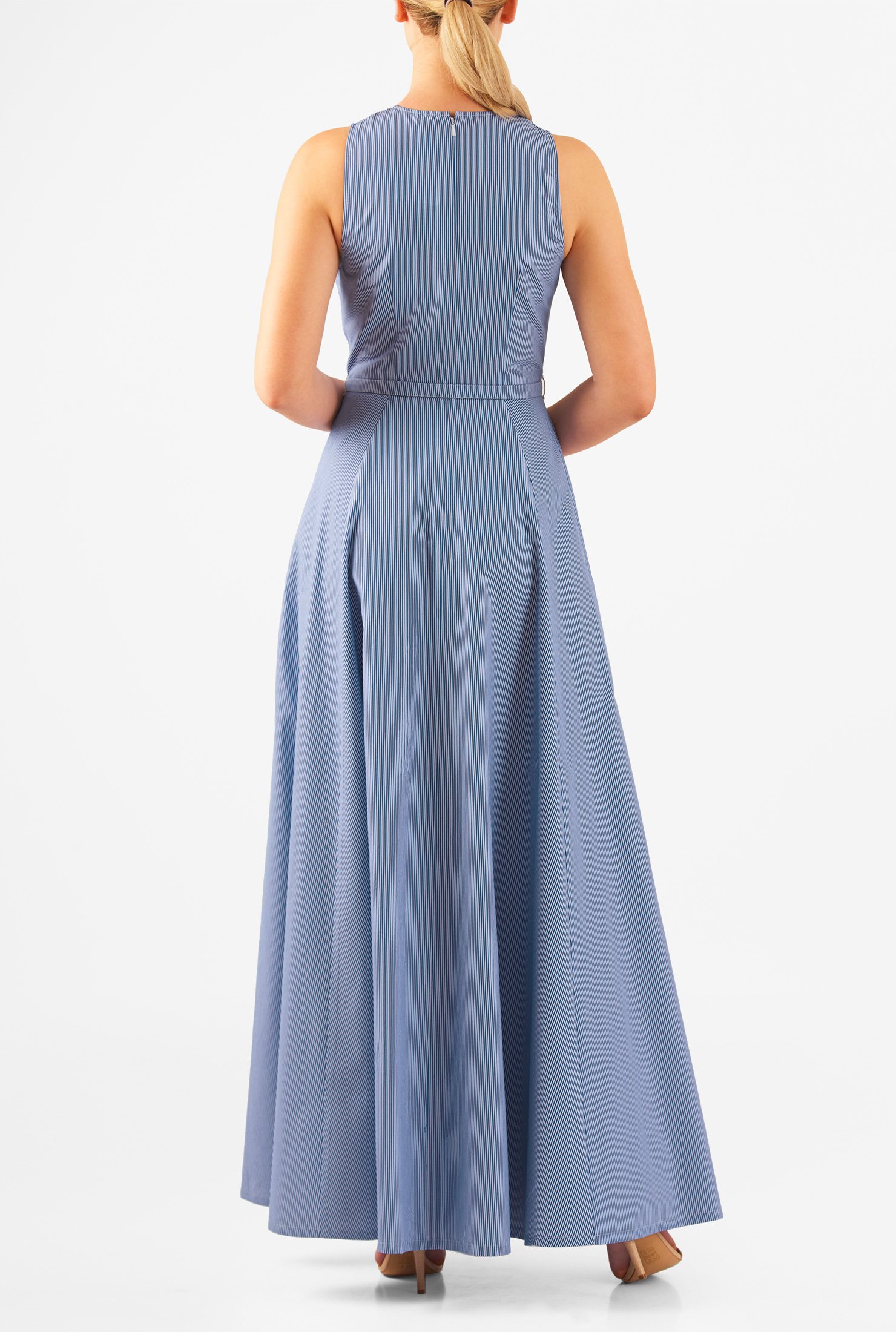 Shop Stripe oxford cotton belted maxi dress | eShakti