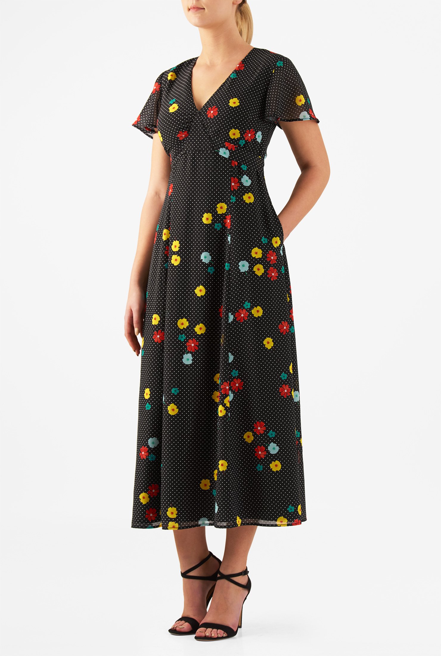 Shop Floral polka dot print georgette empire maxi dress | eShakti