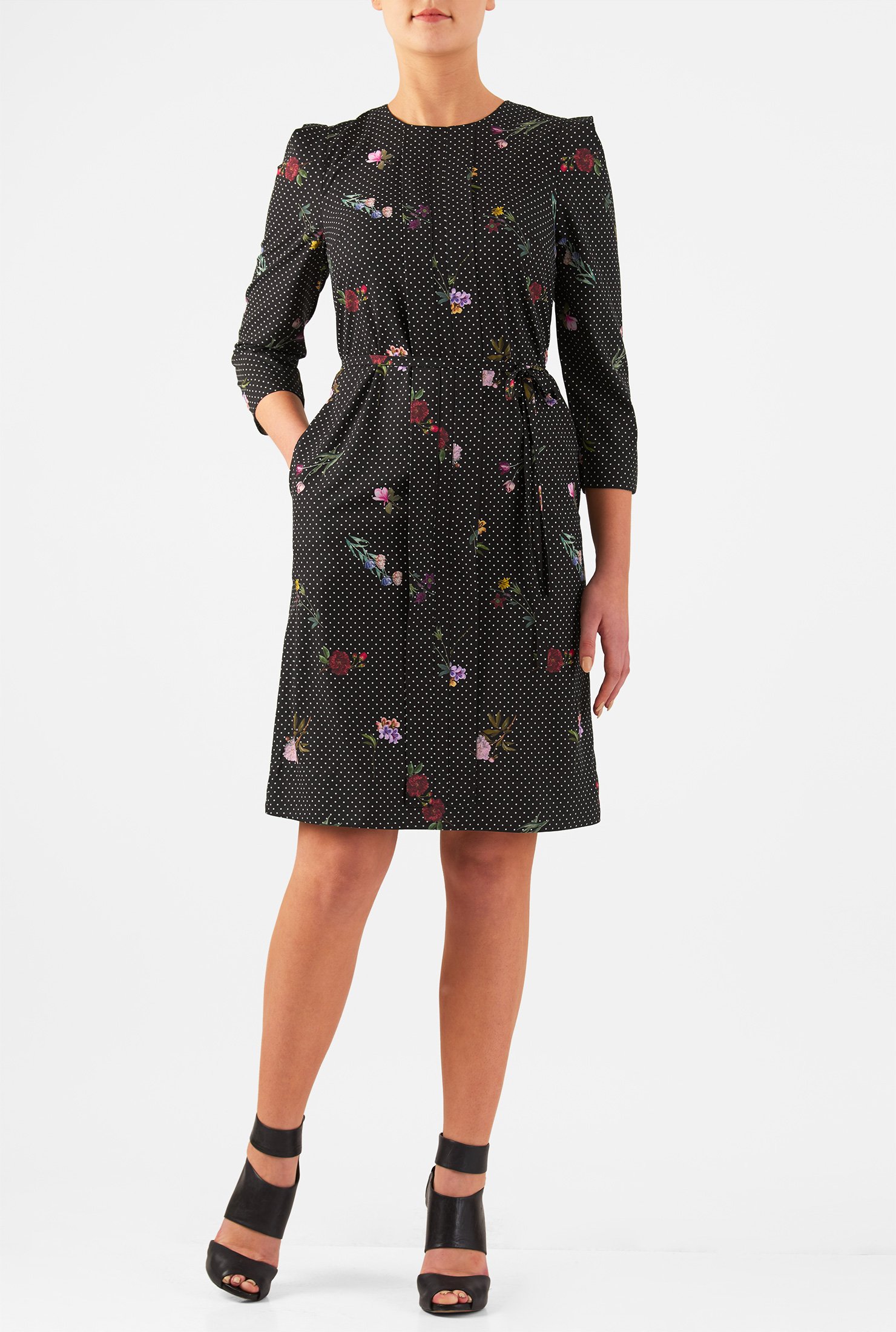 Shop Pleat front floral print crepe shift dress | eShakti