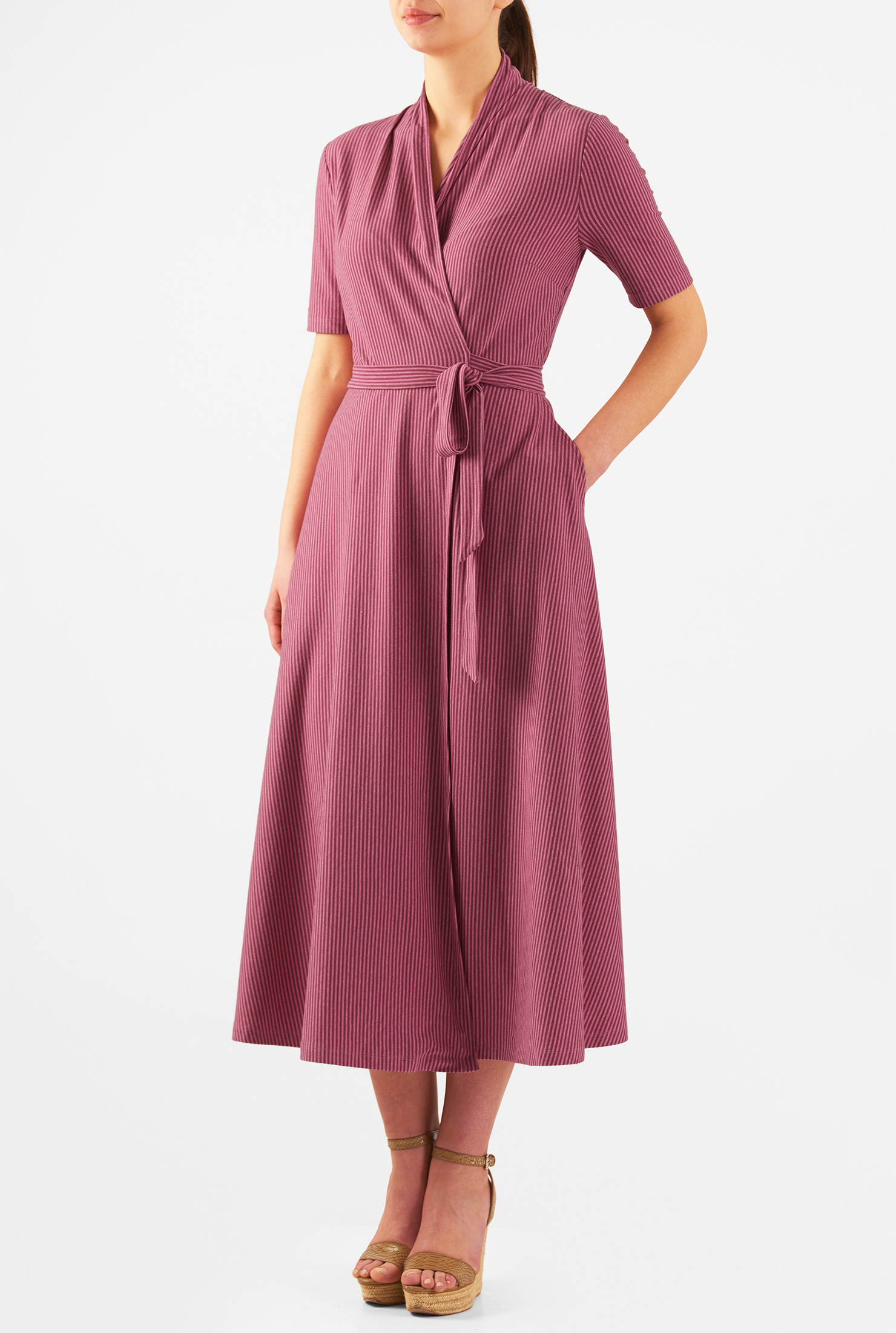 Shop Stripe cotton knit midi wrap dress eShakti