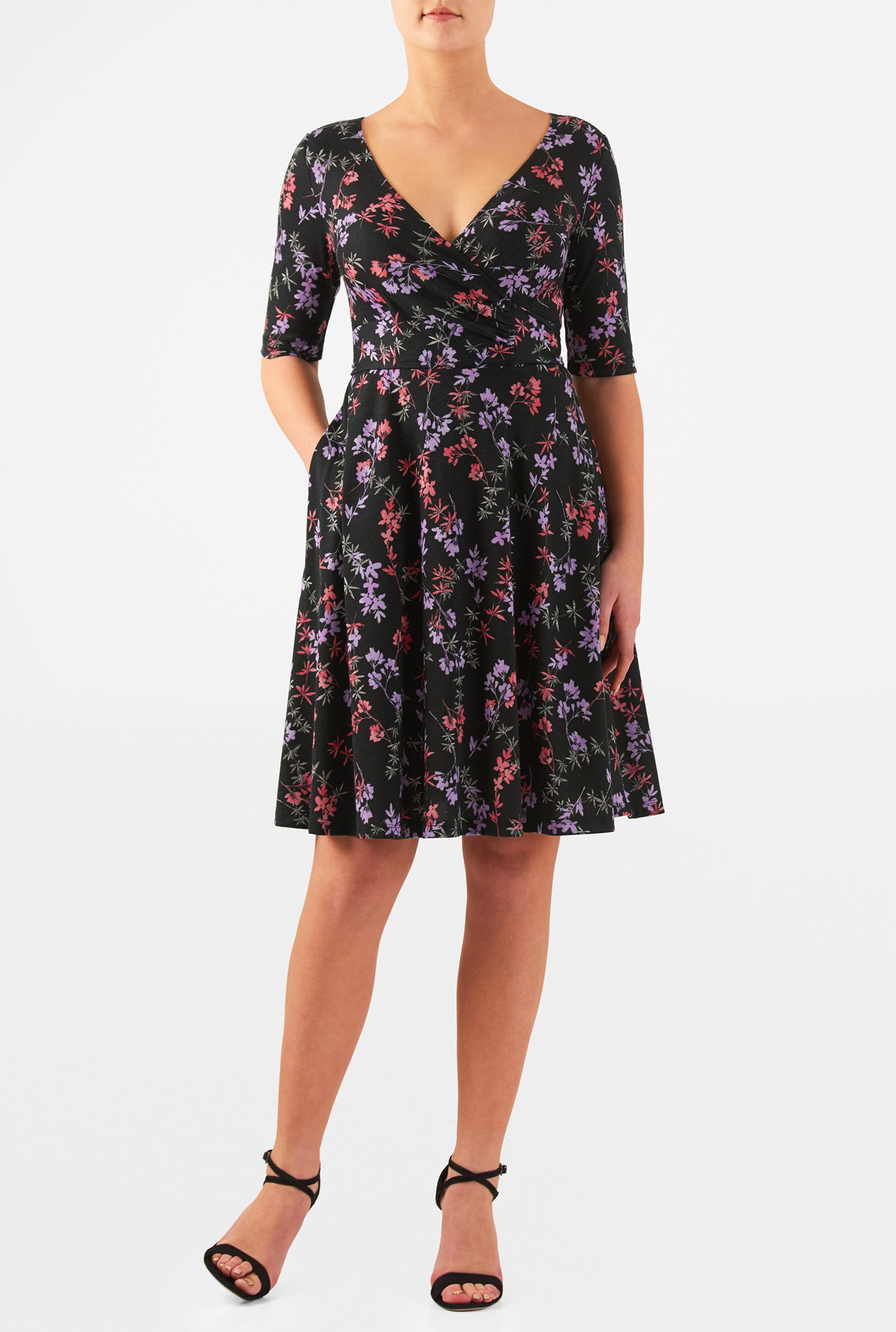 Shop Floral print cotton knit faux wrap dress | eShakti