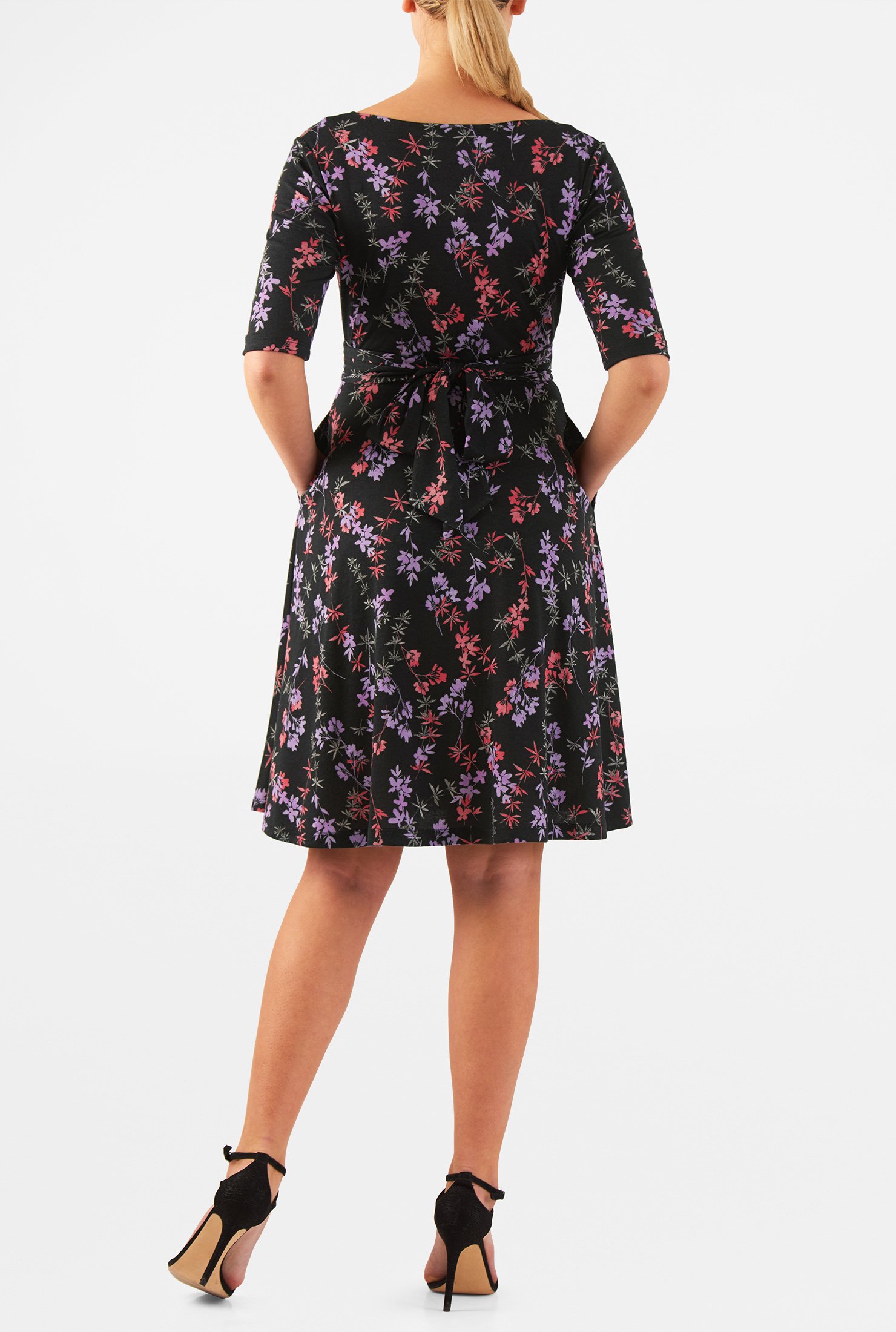 Shop Floral print cotton knit faux wrap dress | eShakti