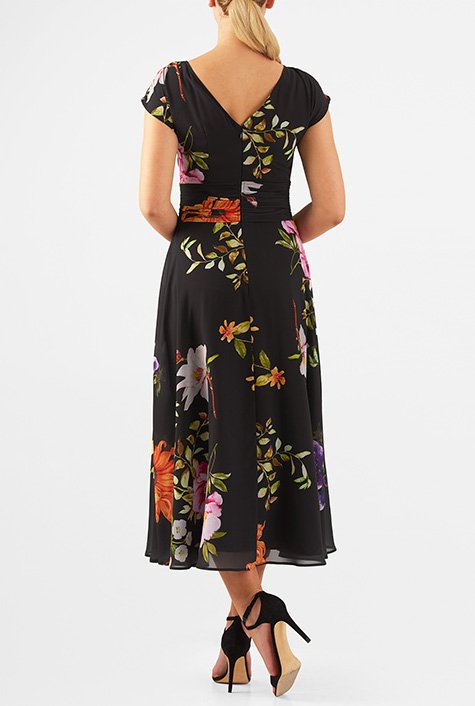 Shop Floral print pleat waist georgette dress | eShakti