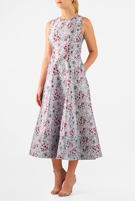 Shop Trapunto hem floral dupioni midi dress | eShakti