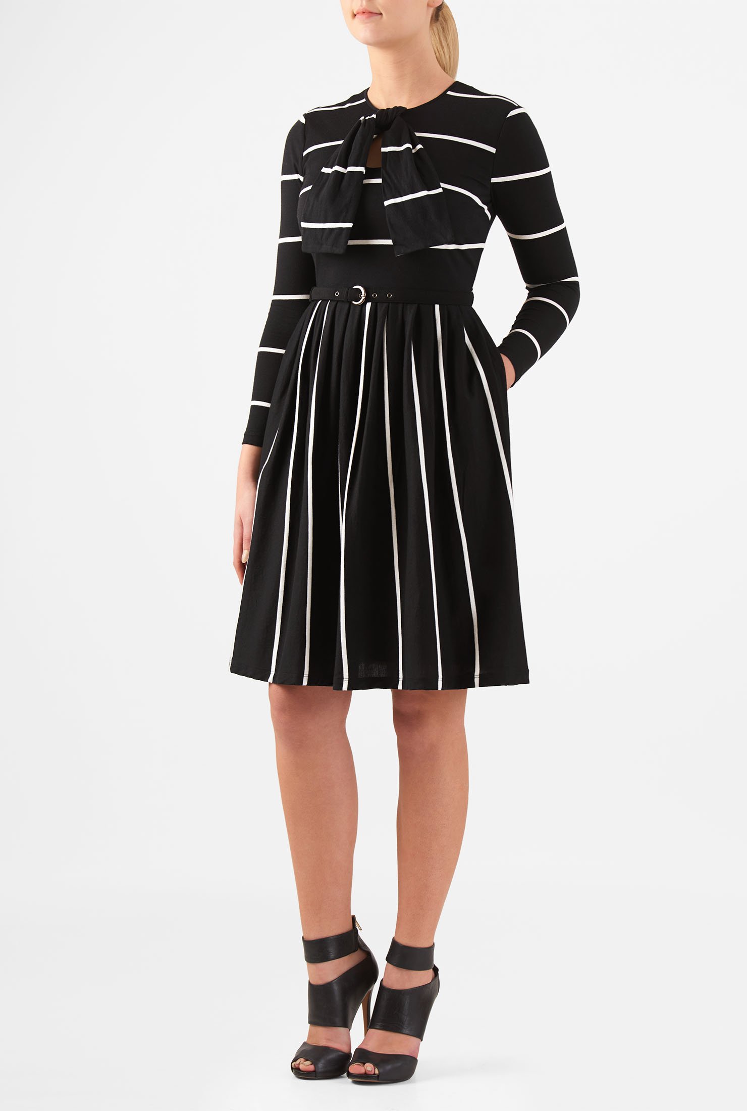 Shop Tie neck stripe cotton knit belted dress | eShakti