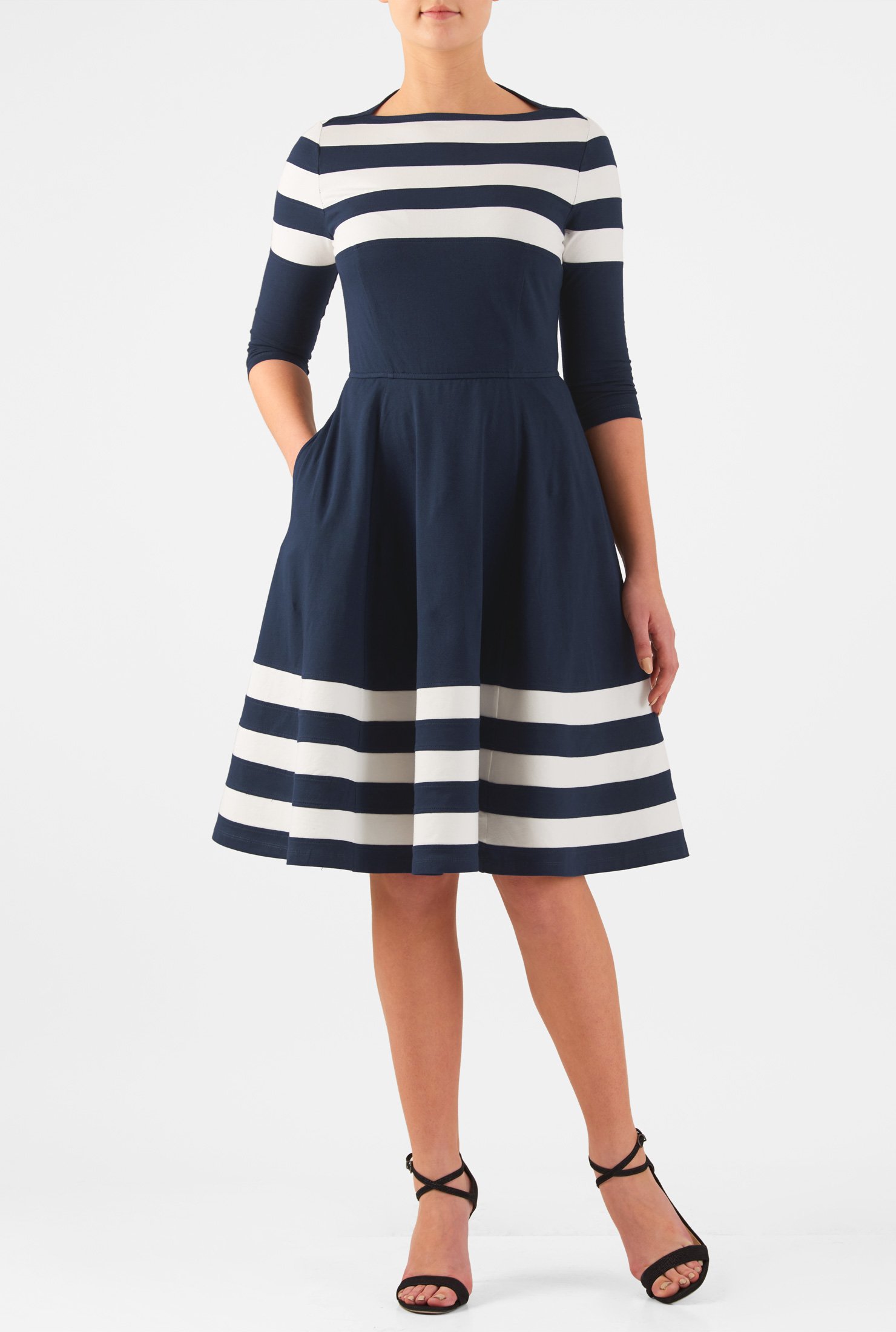 Shop Banded stripe high boat neck cotton knit dress | eShakti