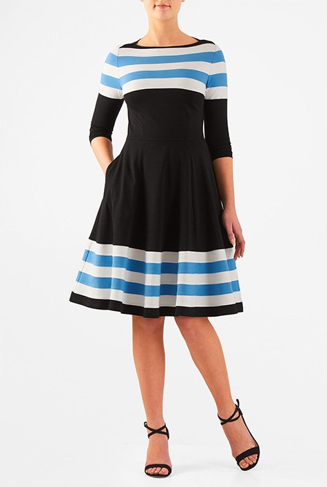 Shop Banded stripe high boat neck cotton knit dress | eShakti