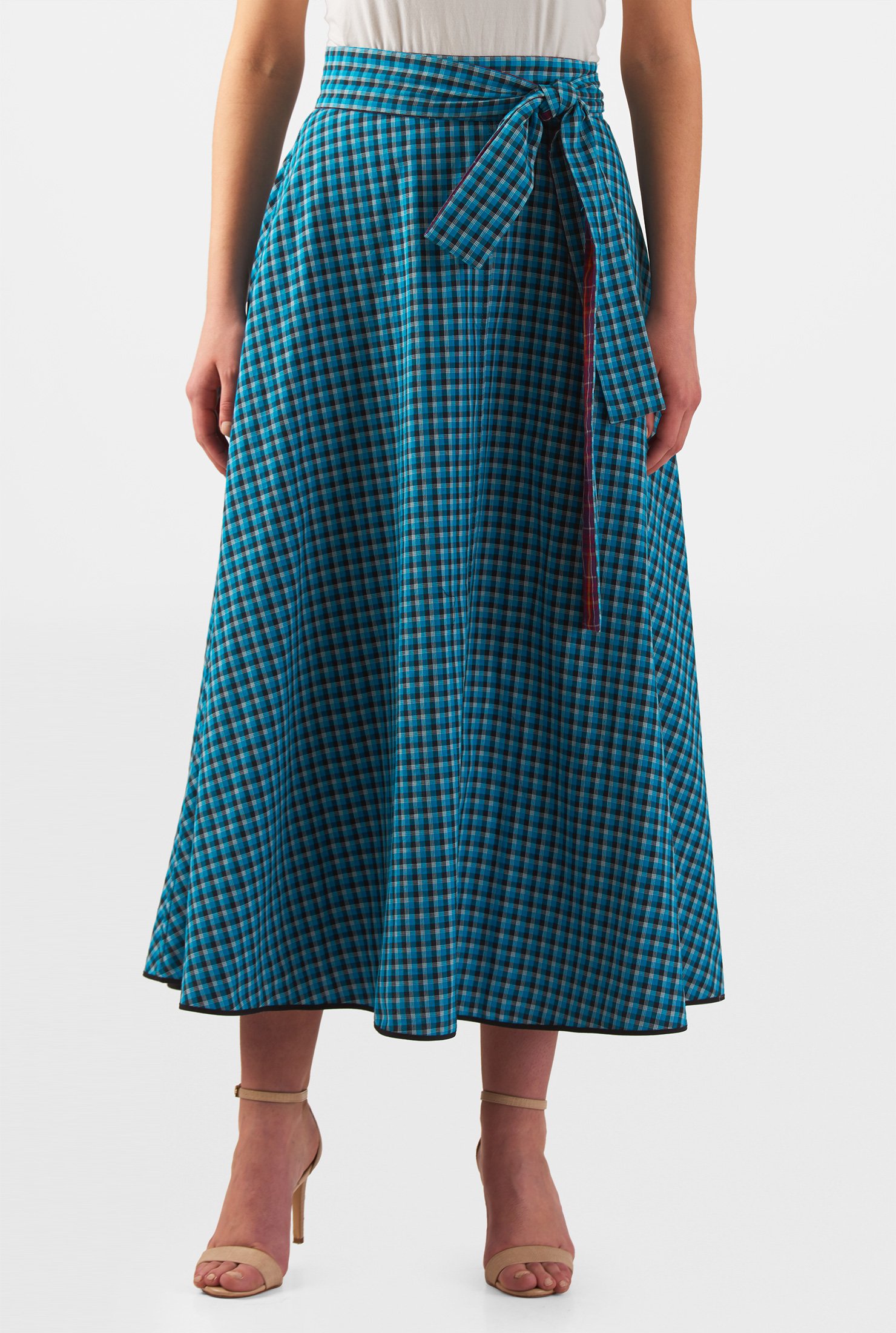 Shop Reversible cotton check midi wrap skirt | eShakti